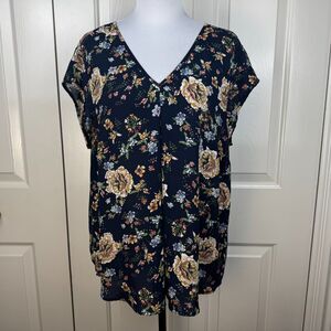 Halogen Women Blouse Sz XL Navy Blue Floral Print V-Neck Cap Sleeve Back Strap